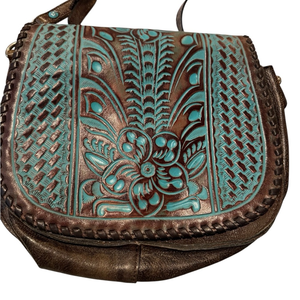 Turquoise and Brown Tooled Leather Crossbody Bag - Picture 7 of 10